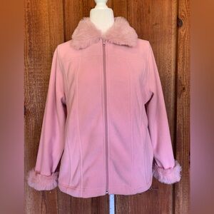 Effect Pink Fleece Zip Up Jacket Faux Fur Trim Pockets Women’s Size L